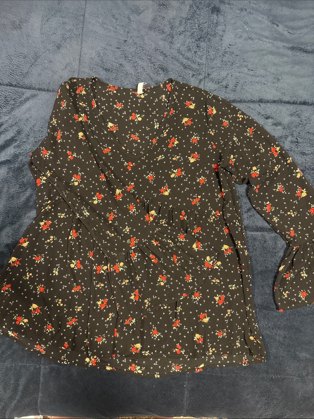 Acting Pro Black Floral V-Neck Peplum Blouse with Red and Cream Flowers